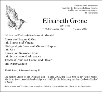 Traueranzeige von Elisabeth Gröne von Tageszeitung