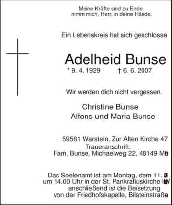 Traueranzeige von Adelheid Bunse von Tageszeitung