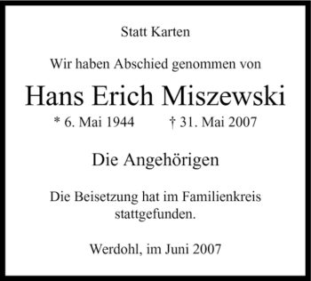 Traueranzeige von Hans Erich Miszewski von Tageszeitung