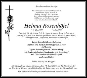 Traueranzeige von Helmut Rosenhöfel von Tageszeitung