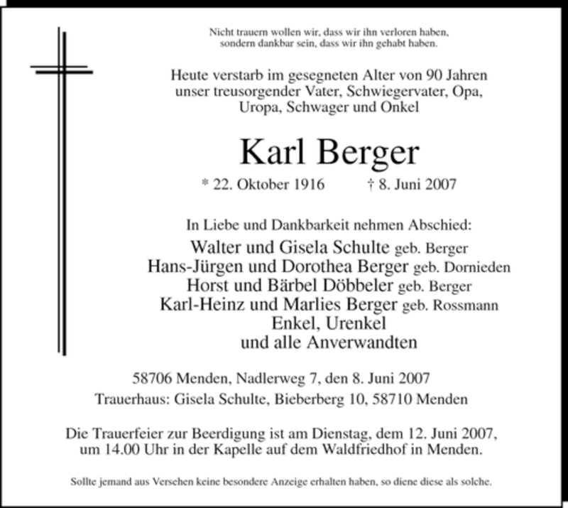  Traueranzeige für Karl Berger vom 09.06.2007 aus Tageszeitung