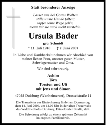 Traueranzeige von Ursula Bader von Tageszeitung