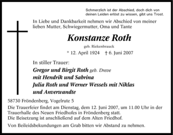 Traueranzeige von Konstanze Roth von Tageszeitung