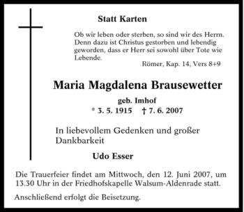 Traueranzeige von Maria Magdalena Brausewetter von Tageszeitung