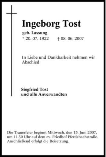 Traueranzeige von Ingeborg Tost von Tageszeitung