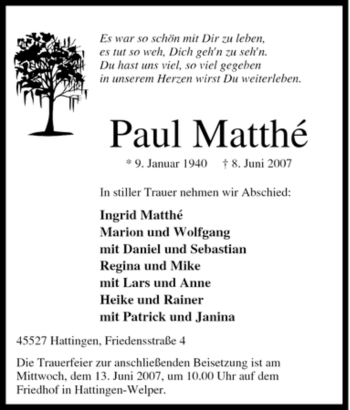 Traueranzeige von Paul Matthé von Tageszeitung