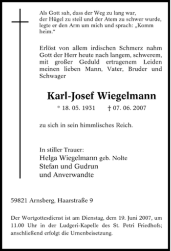 Traueranzeige von Karl-Josef Wiegelmann von Tageszeitung