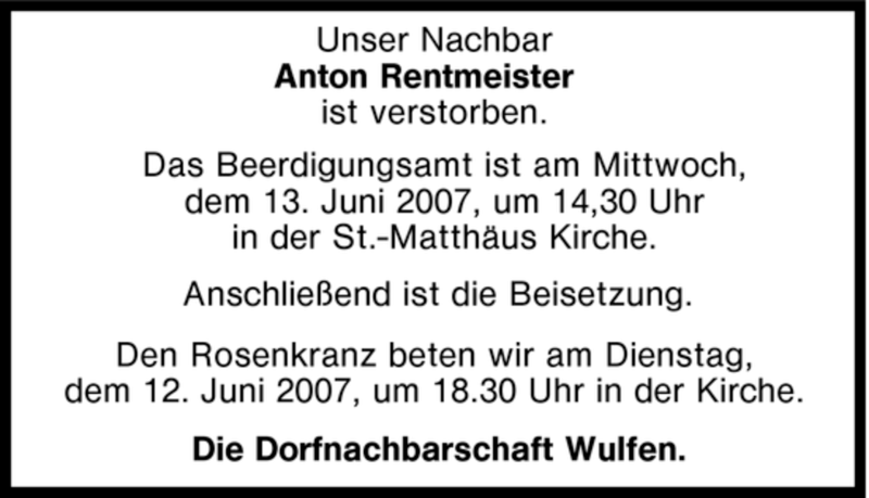  Traueranzeige für Unser Nachbar vom 11.06.2007 aus Tageszeitung
