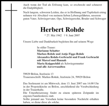 Traueranzeige von Herbert Rohde von Tageszeitung