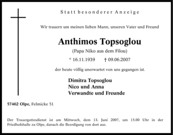 Traueranzeige von Anthimos Topsoglou von Tageszeitung