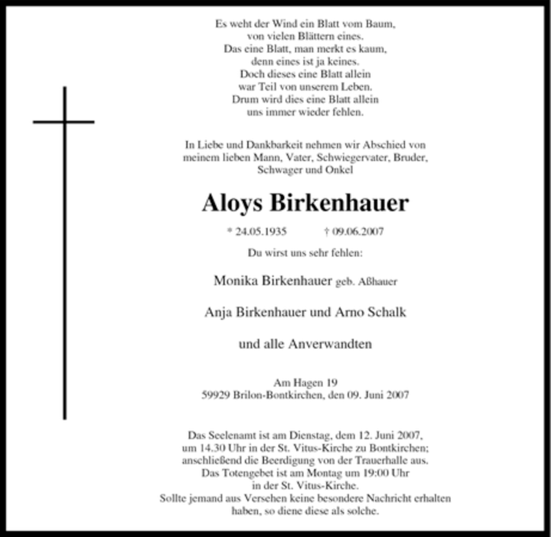  Traueranzeige für Aloys Birkenhauer vom 11.06.2007 aus Tageszeitung