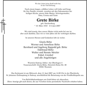 Traueranzeige von Grete Birke von Tageszeitung