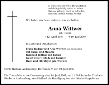 Traueranzeige von Anna Wittwer von Tageszeitung