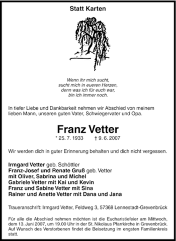 Traueranzeige von Franz Vetter von Tageszeitung