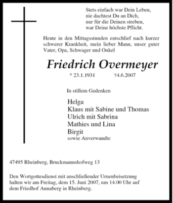 Traueranzeige von Friedrich Overmeyer von Tageszeitung
