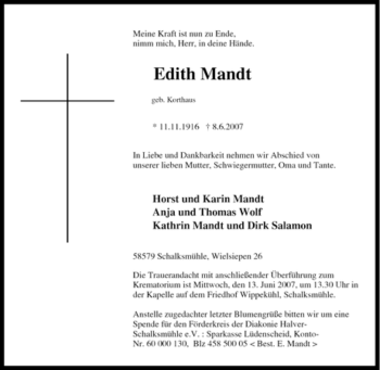 Traueranzeige von Edith Mandt von Tageszeitung