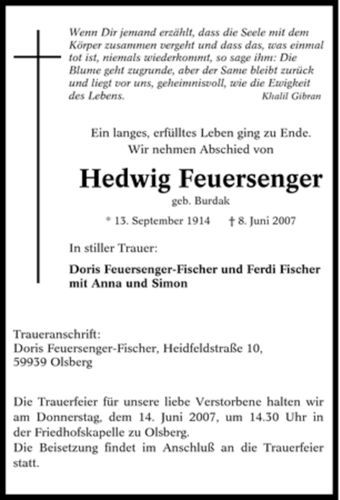  Traueranzeige für Hedwig Feuersenger vom 11.06.2007 aus Tageszeitung