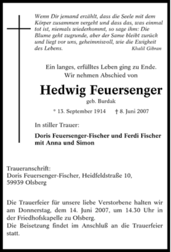 Traueranzeige von Hedwig Feuersenger von Tageszeitung
