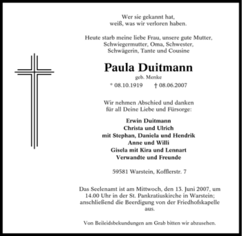 Traueranzeige von Paula Duitmann von Tageszeitung