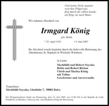 Traueranzeige von Irmgard König von Tageszeitung