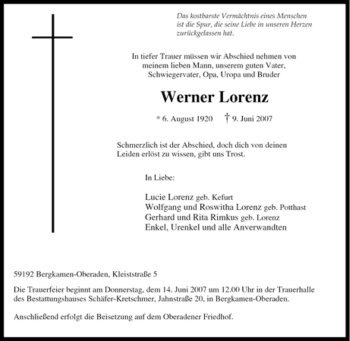 Traueranzeige von Werner Lorenz von Tageszeitung
