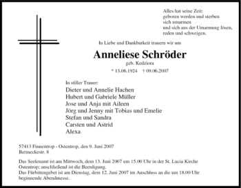 Traueranzeige von Anneliese Schröder von Tageszeitung