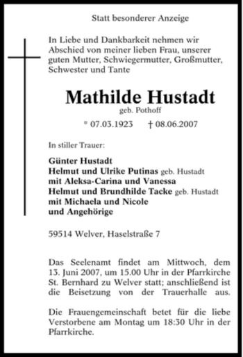 Traueranzeige von Mathilde Hustadt von Tageszeitung