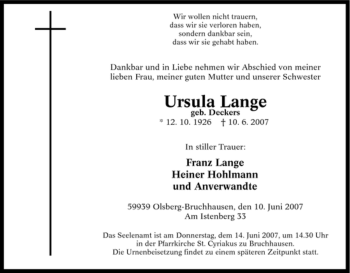 Traueranzeige von Ursula Lange von Tageszeitung