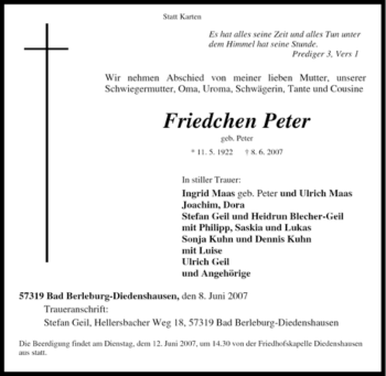Traueranzeige von Friedchen Peter von Tageszeitung