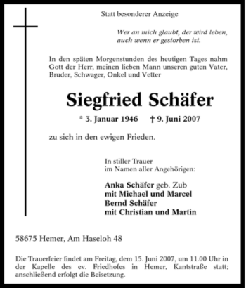 Traueranzeige von Siegfried Schäfer von Tageszeitung