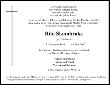 Traueranzeige von Rita Skambraks von Tageszeitung