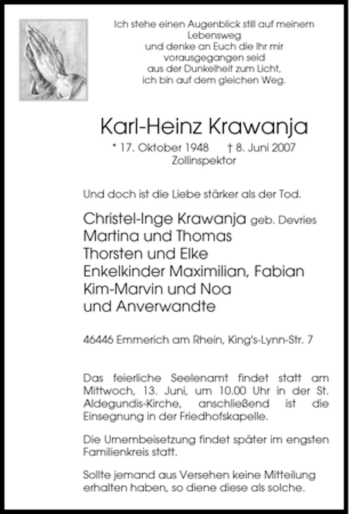 Traueranzeige von Karl-Heinz Krawanja von Tageszeitung