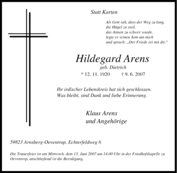 Traueranzeige von Hildegard Arens von Tageszeitung