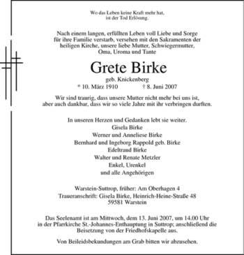 Traueranzeige von Grete Birke von Tageszeitung