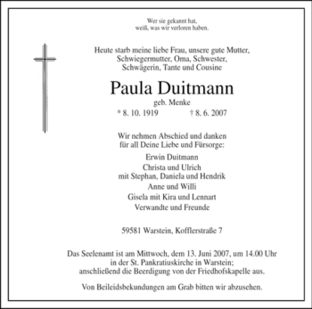 Traueranzeige von Paula Duitmann von Tageszeitung