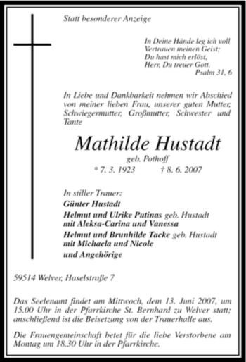 Traueranzeige von Mathilde Hustadt von Tageszeitung
