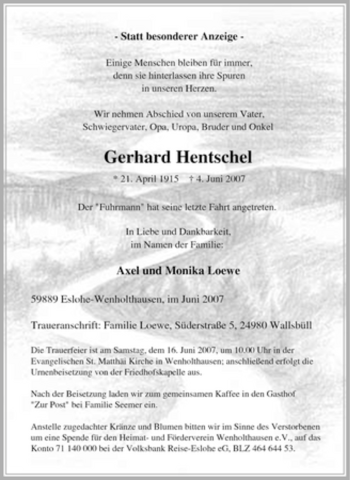 Traueranzeige von Gerhard Hentschel von Tageszeitung