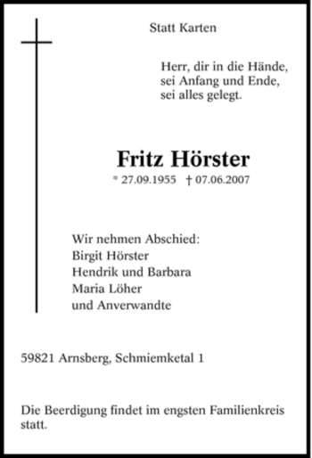 Traueranzeige von Fritz Hörster von Tageszeitung