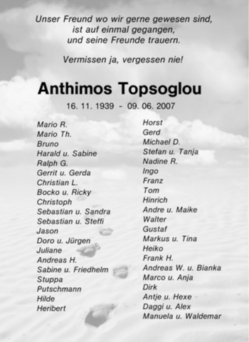 Traueranzeige von Anthimos Topsoglou von Tageszeitung