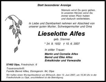Traueranzeige von Lieselotte Alfes von Tageszeitung