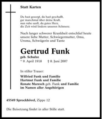 Traueranzeige von Gertrud Funk von Tageszeitung