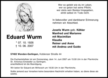 Traueranzeige von Eduard Wurm von Tageszeitung