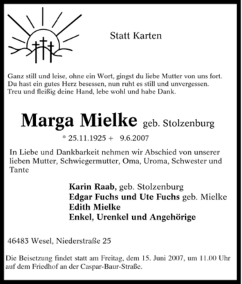 Traueranzeige von Marga Mielke von Tageszeitung