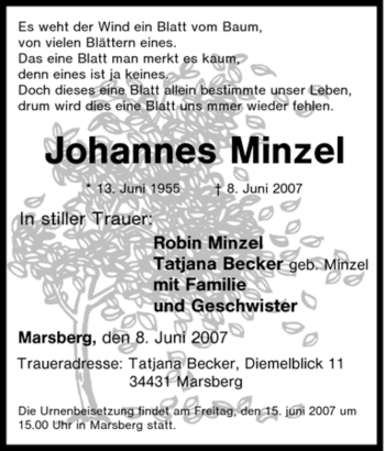 Traueranzeige von Johannes Minzel von Tageszeitung