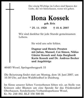 Traueranzeige von Ilona Kossek von Tageszeitung