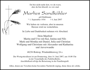 Traueranzeige von Marlies Sandkühler von Tageszeitung