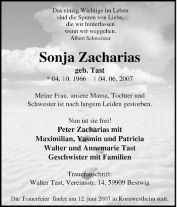 Traueranzeige von Sonja Zacharias von Tageszeitung