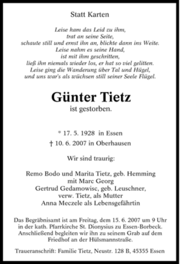 Traueranzeige von Günter Tietz von Tageszeitung