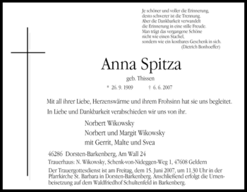 Traueranzeige von Anna Spitza von Tageszeitung