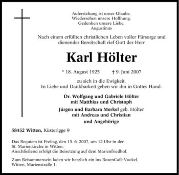 Traueranzeige von Karl Hölter von Tageszeitung